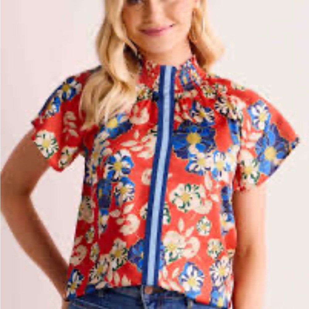 THML Orange and Blue Floral Blouse with Ruffled Design